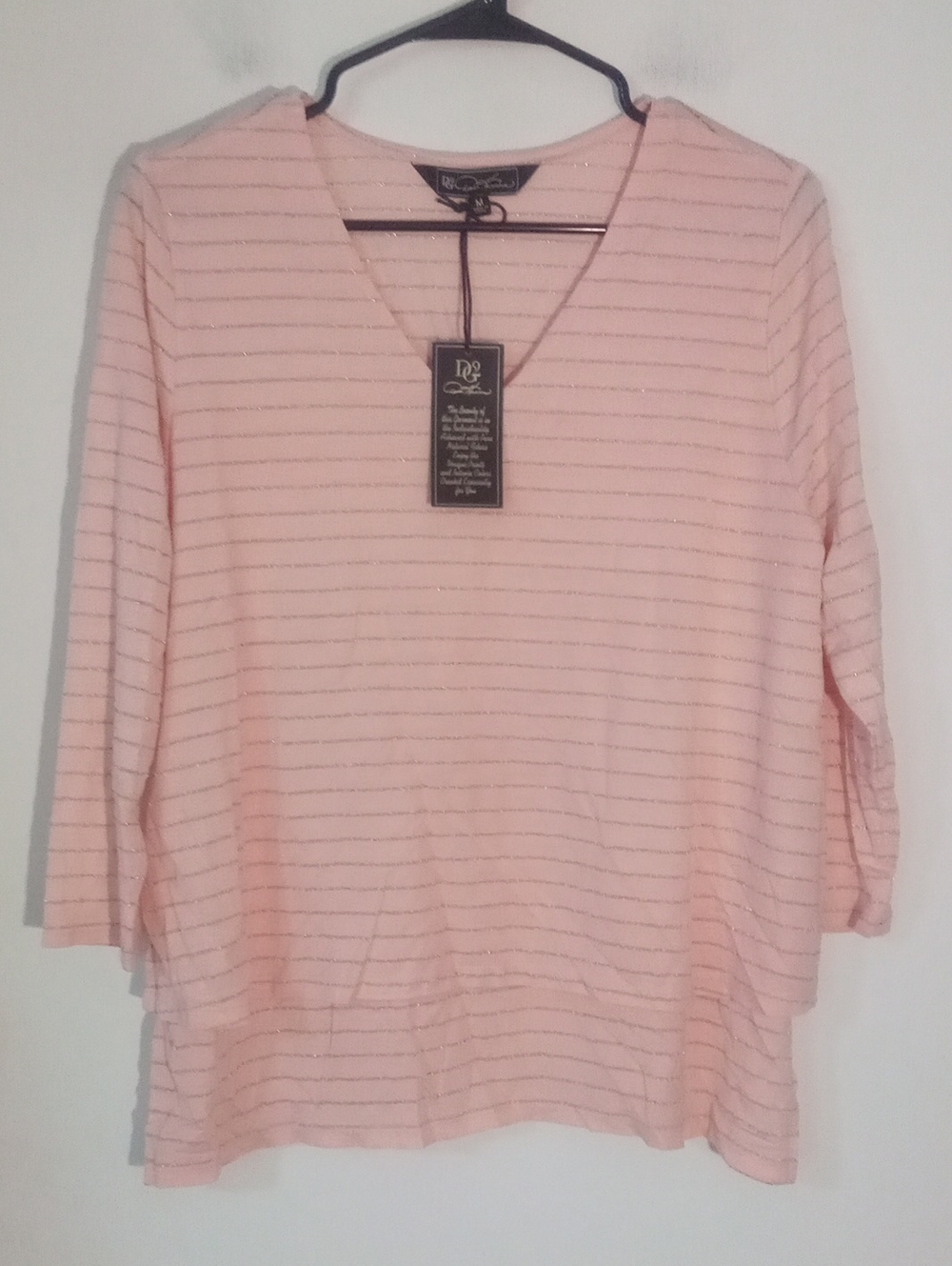 Dg2 By Diane Gilman V-Neck Pink Stripe Top  Medium NWT Silver Metallic Stripes